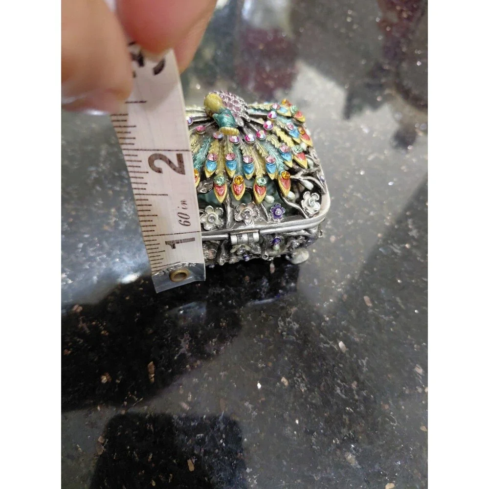 Vtg Enameled Peacock Colorful Rhinestones Trinket Ring Box Flowers